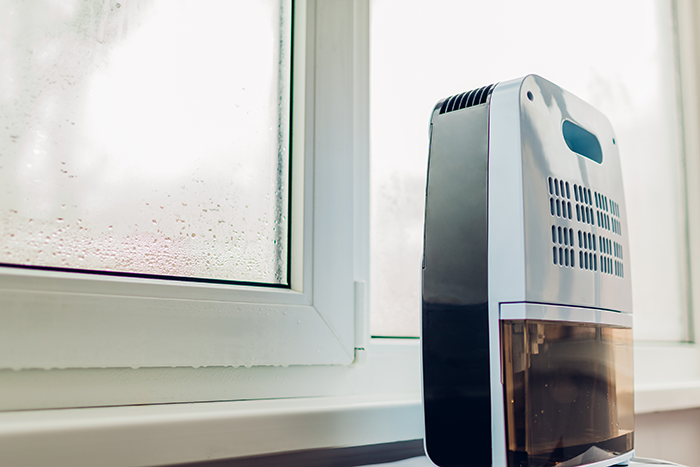 dehumidifier placed in front of a condensated window